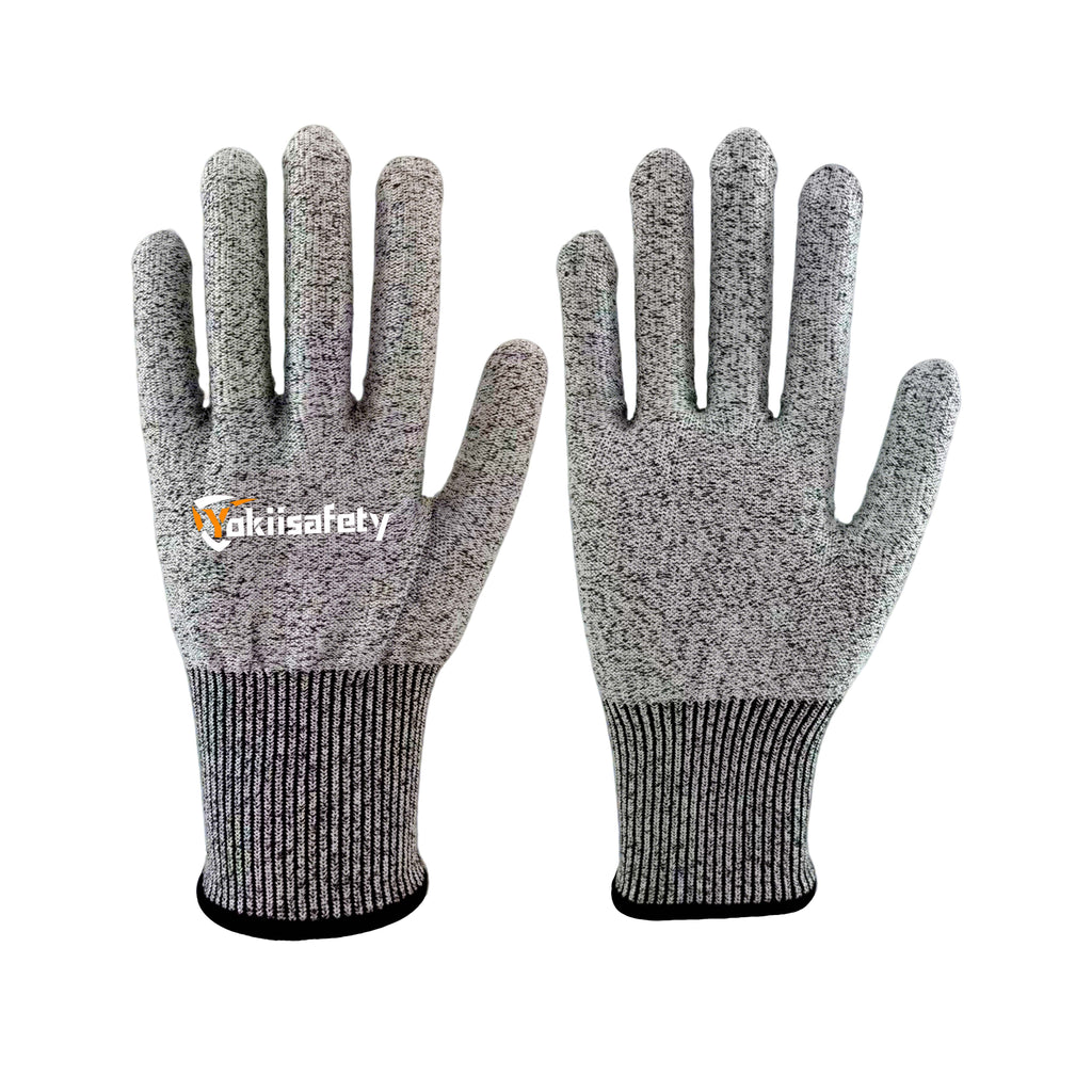 13 gauge HPPE cut resistant safety gloves - salt and pepper knit with elastic wrist cuff