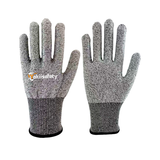 13 gauge HPPE cut resistant safety gloves - salt and pepper knit with elastic wrist cuff