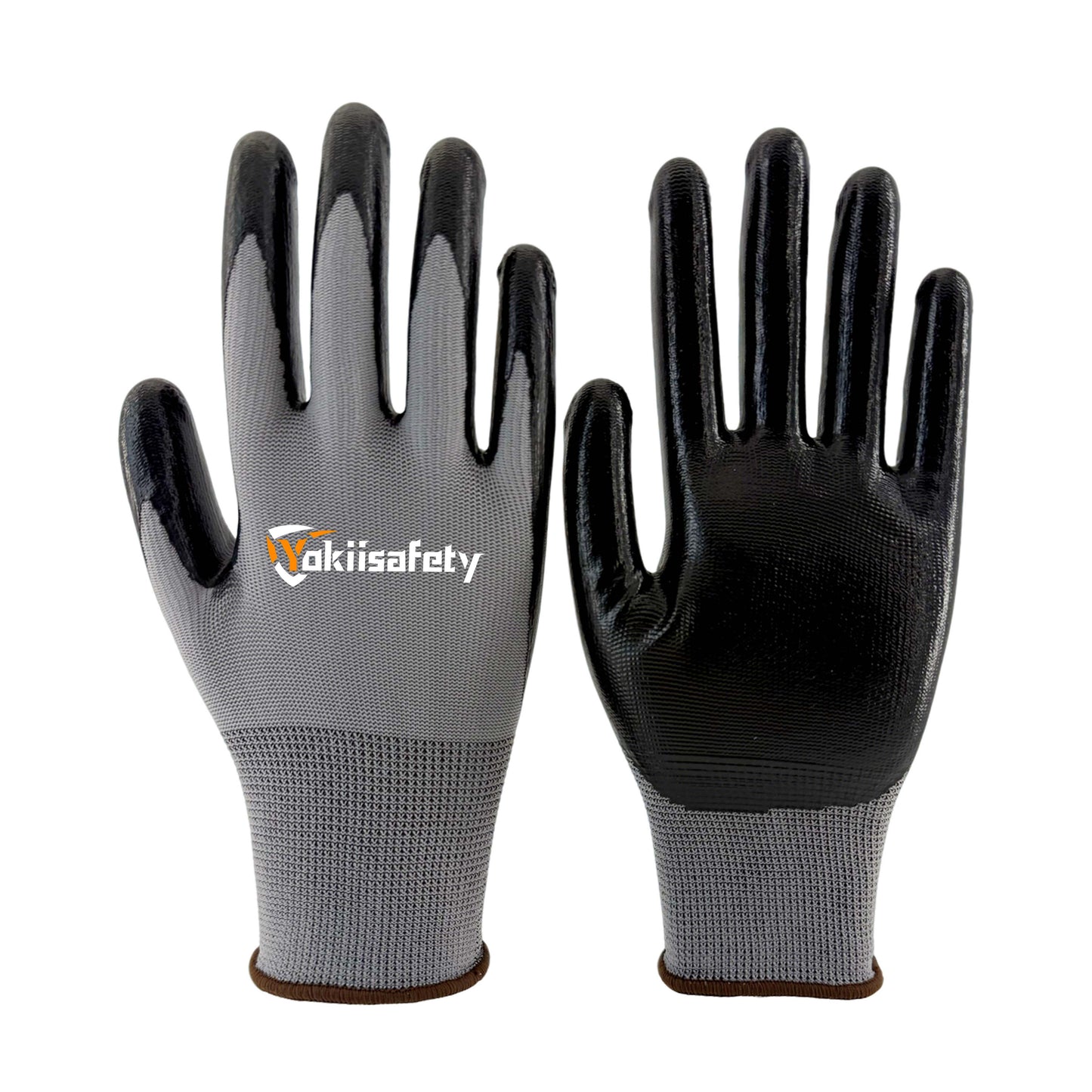 13 gauge polyester gloves with smooth black nitrile coating - palm and back view