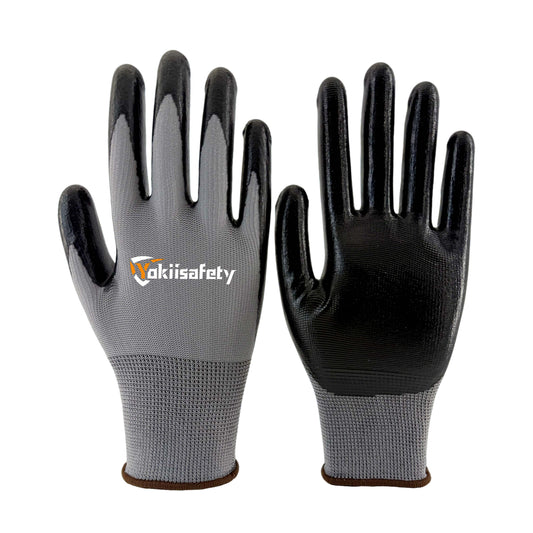 13 gauge polyester gloves with smooth black nitrile coating - palm and back view