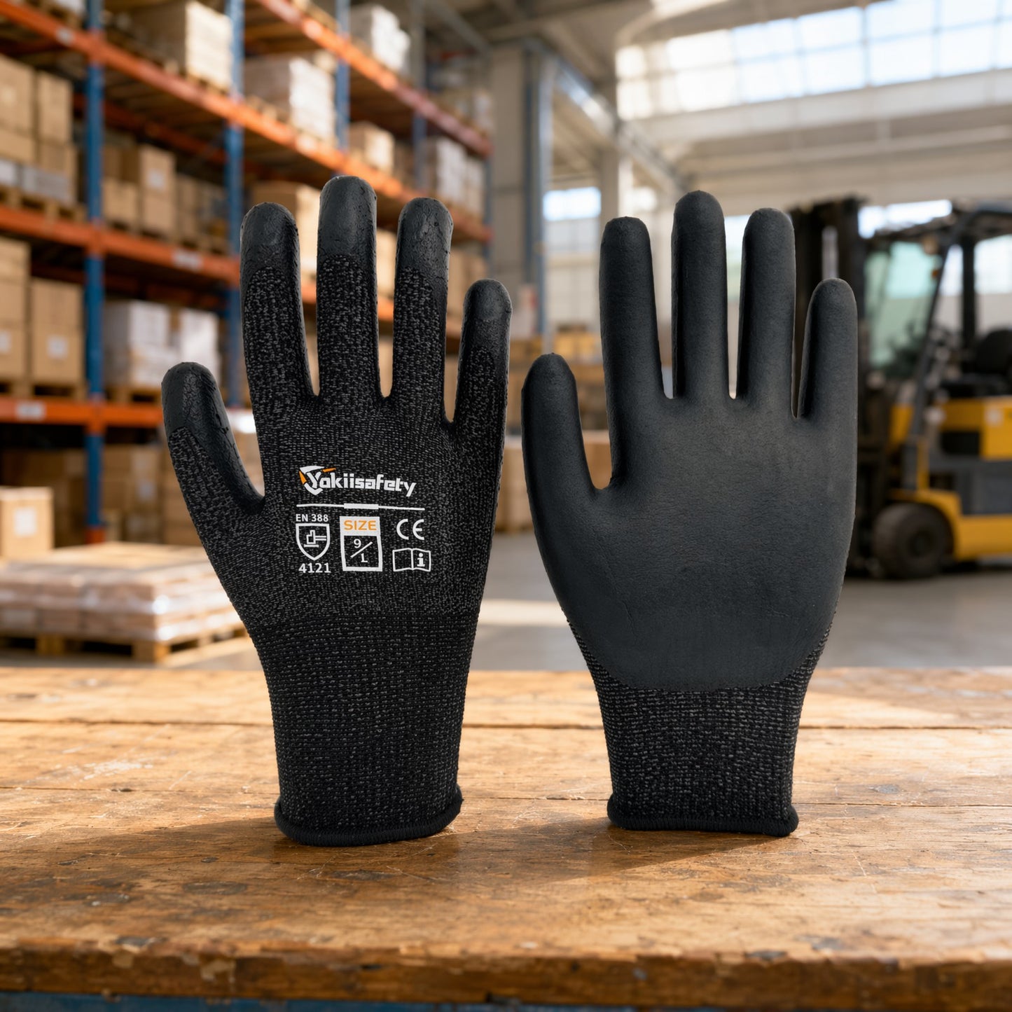 Black nitrile coated work gloves on warehouse workbench - industrial safety gloves in professional setting