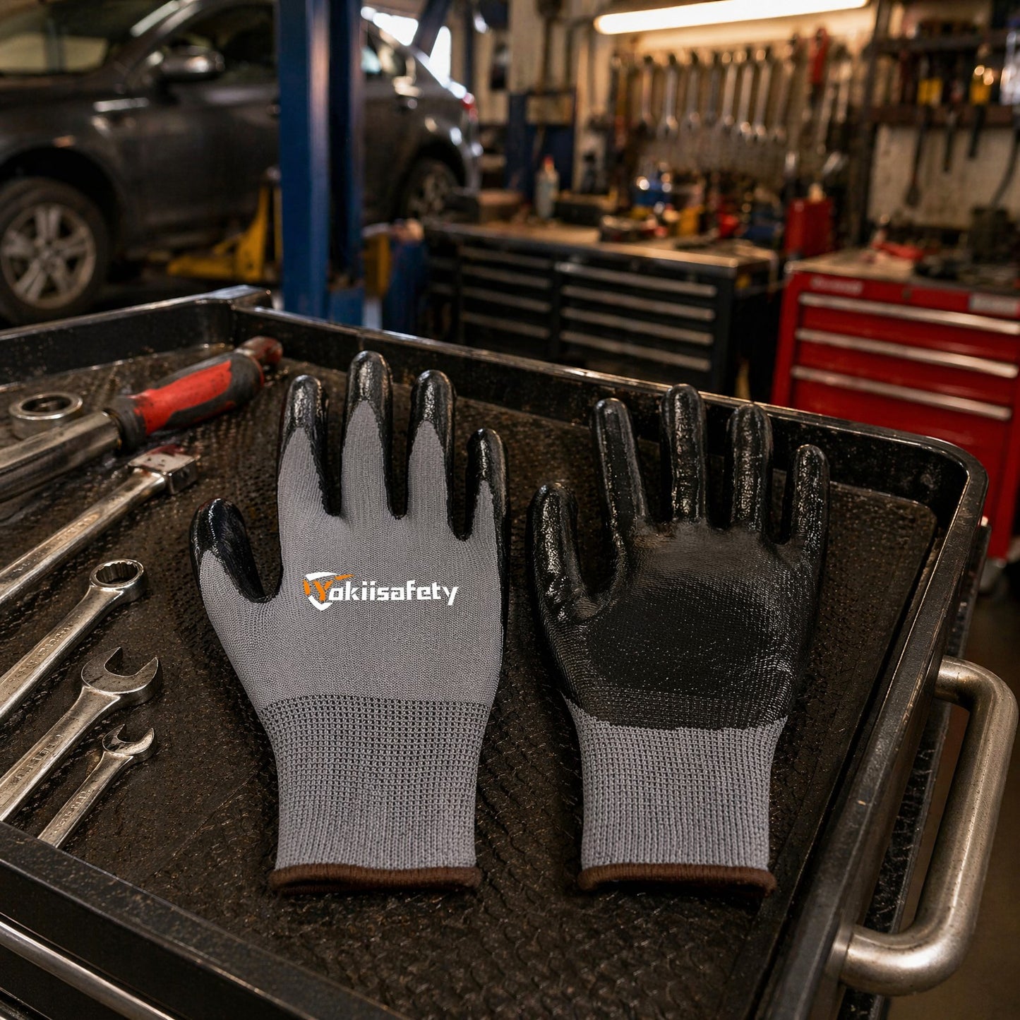 Oil-resistant nitrile coated work gloves in auto repair garage setting - mechanic safety gloves